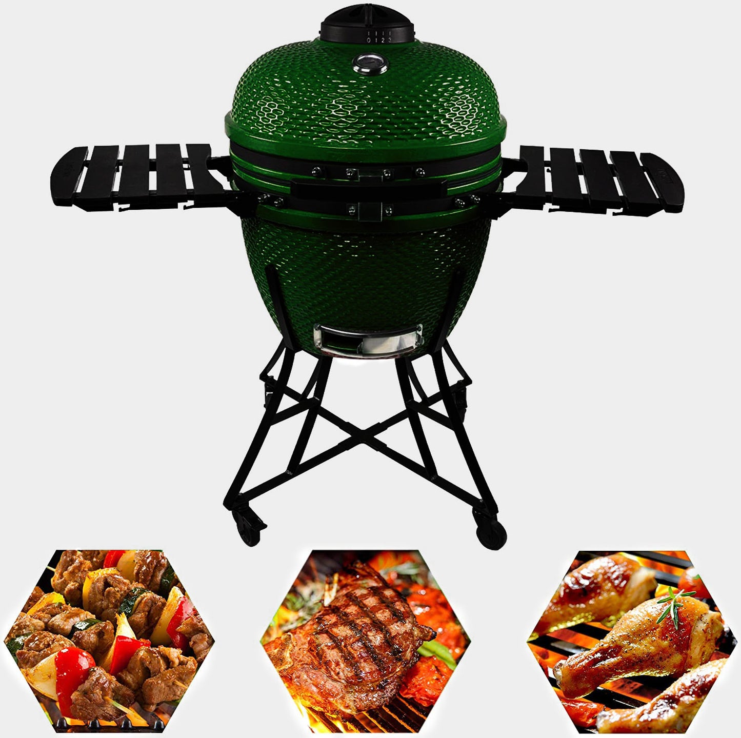 24inch Barbecue Charcoal Grill, Ceramic Kamado Grill with Side Table, Suitable for Camping and Picnic, GREEN