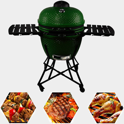 24inch Barbecue Charcoal Grill, Ceramic Kamado Grill with Side Table, Suitable for Camping and Picnic, GREEN