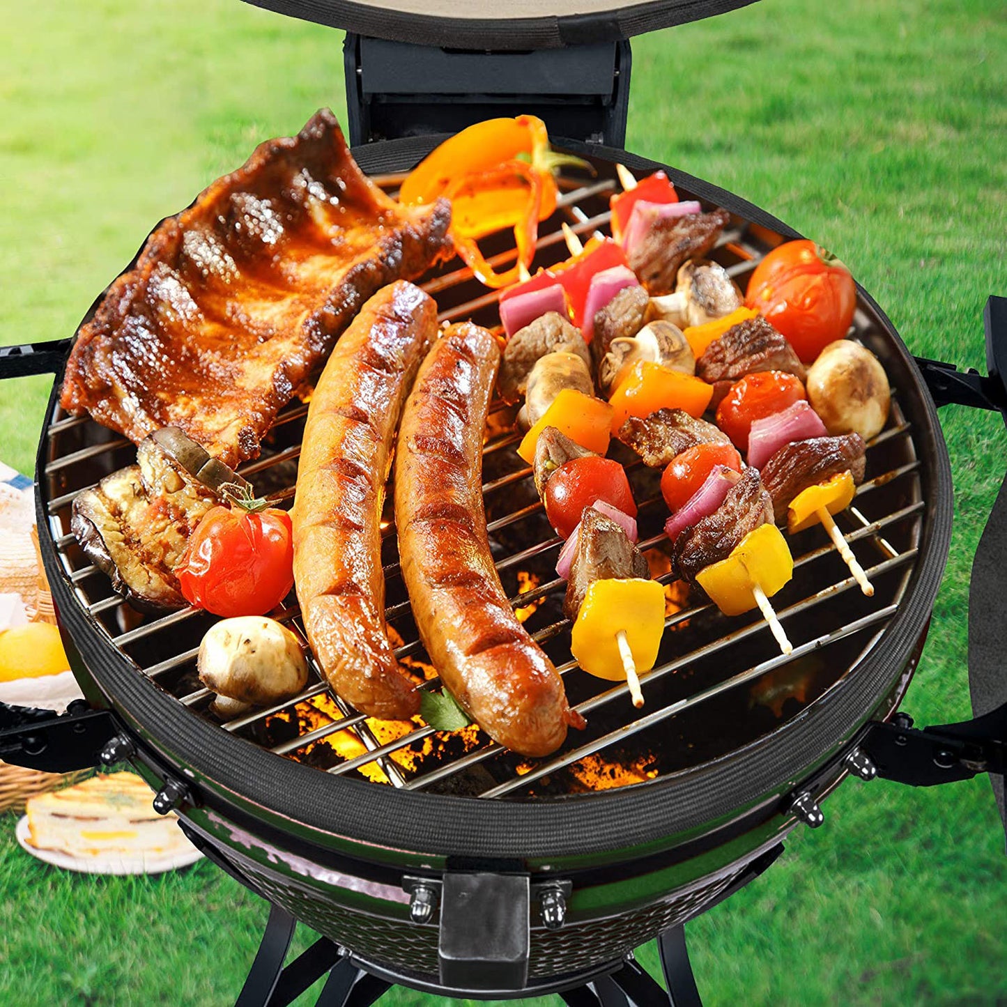 24inch Barbecue Charcoal Grill, Ceramic Kamado Grill with Side Table, Suitable for Camping and Picnic, GREEN