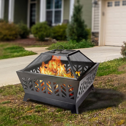 Wood burning fire pit in steel structure