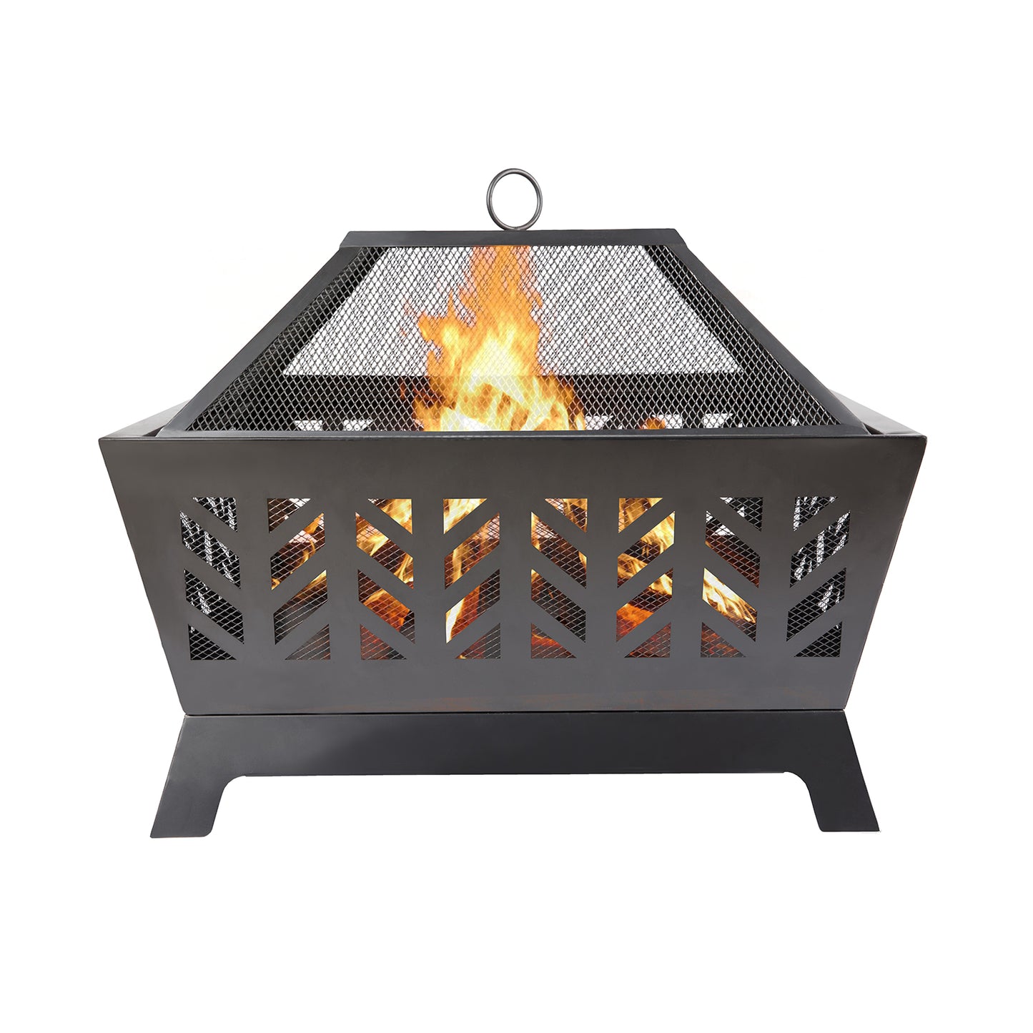 Wood burning fire pit in steel structure