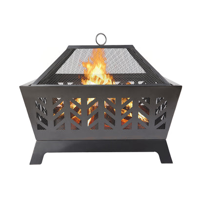 Wood burning fire pit in steel structure