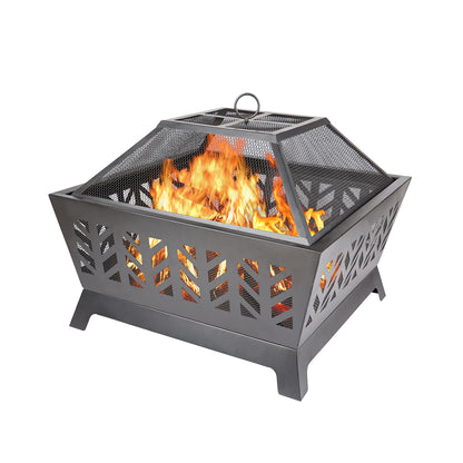 Wood burning fire pit in steel structure