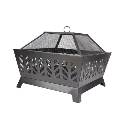 Wood burning fire pit in steel structure