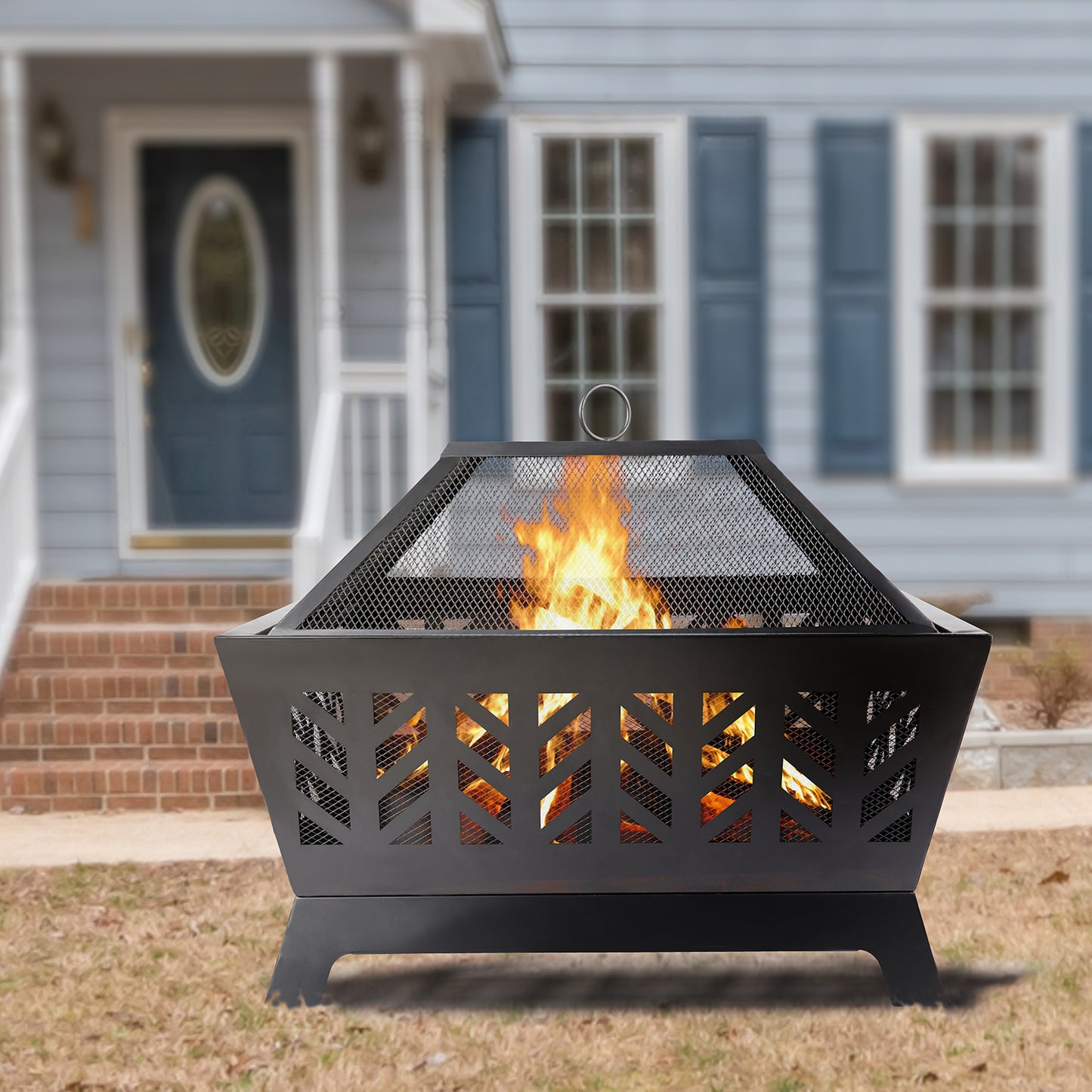 Wood burning fire pit in steel structure