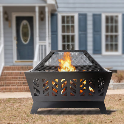 Wood burning fire pit in steel structure