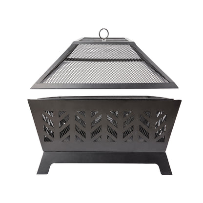 Wood burning fire pit in steel structure