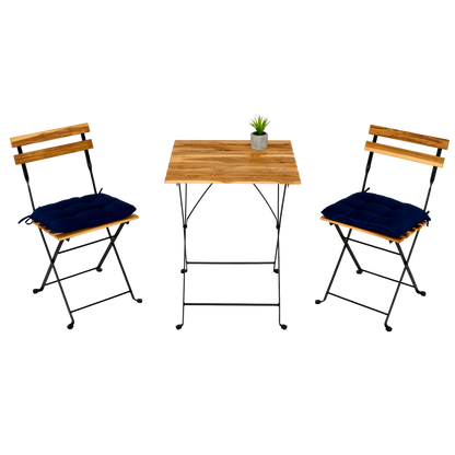 3-Piece Solid Teak Wood Folding Table and Chair Set w/ Powder Coated Metal Frame
