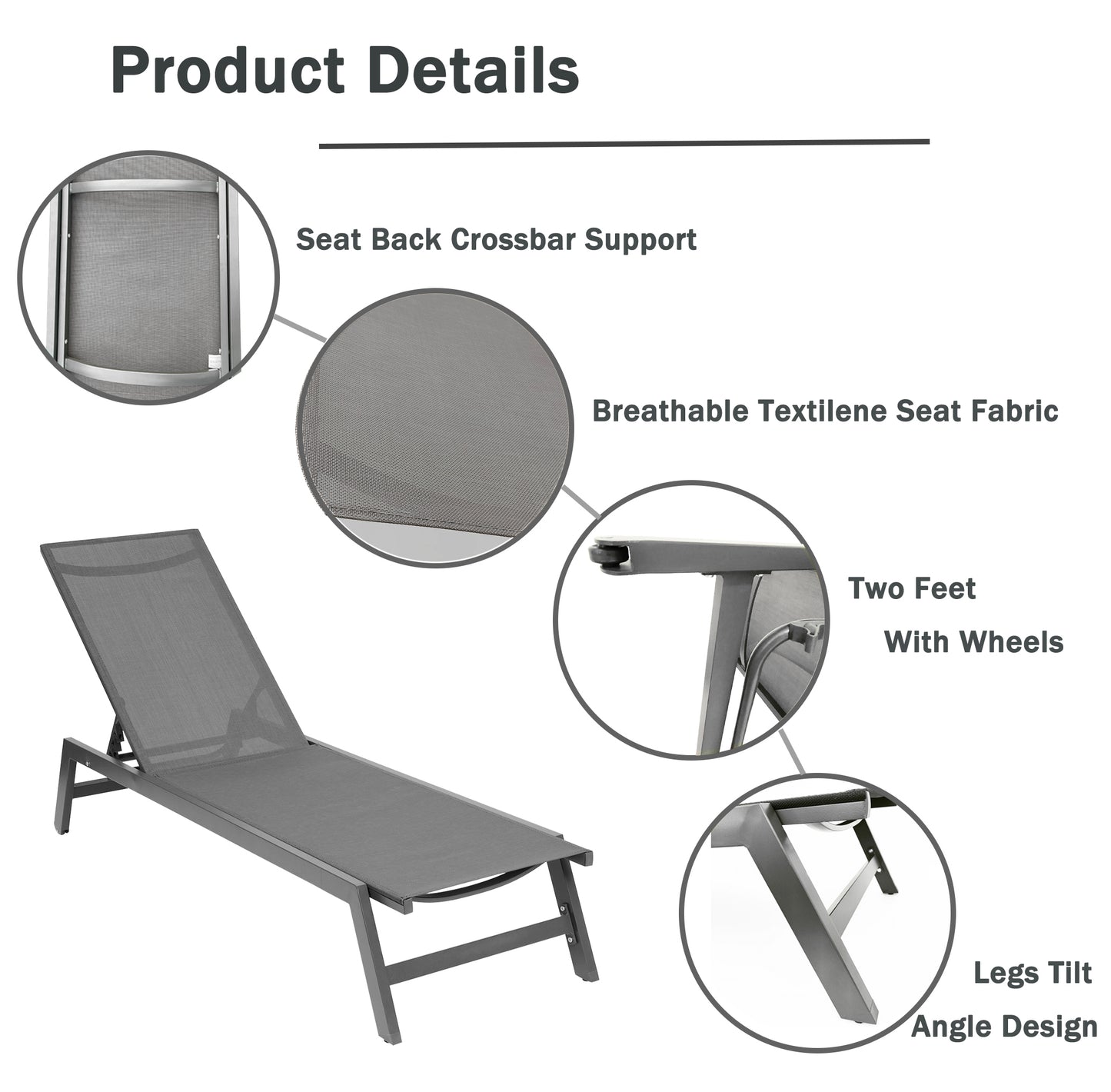 Outdoor Chaise Lounge Chair, Five-Position Adjustable Aluminum Recliner, All Weather for Patio,Beach,Yard, Pool(Grey Frame/Dark Grey Fabric)