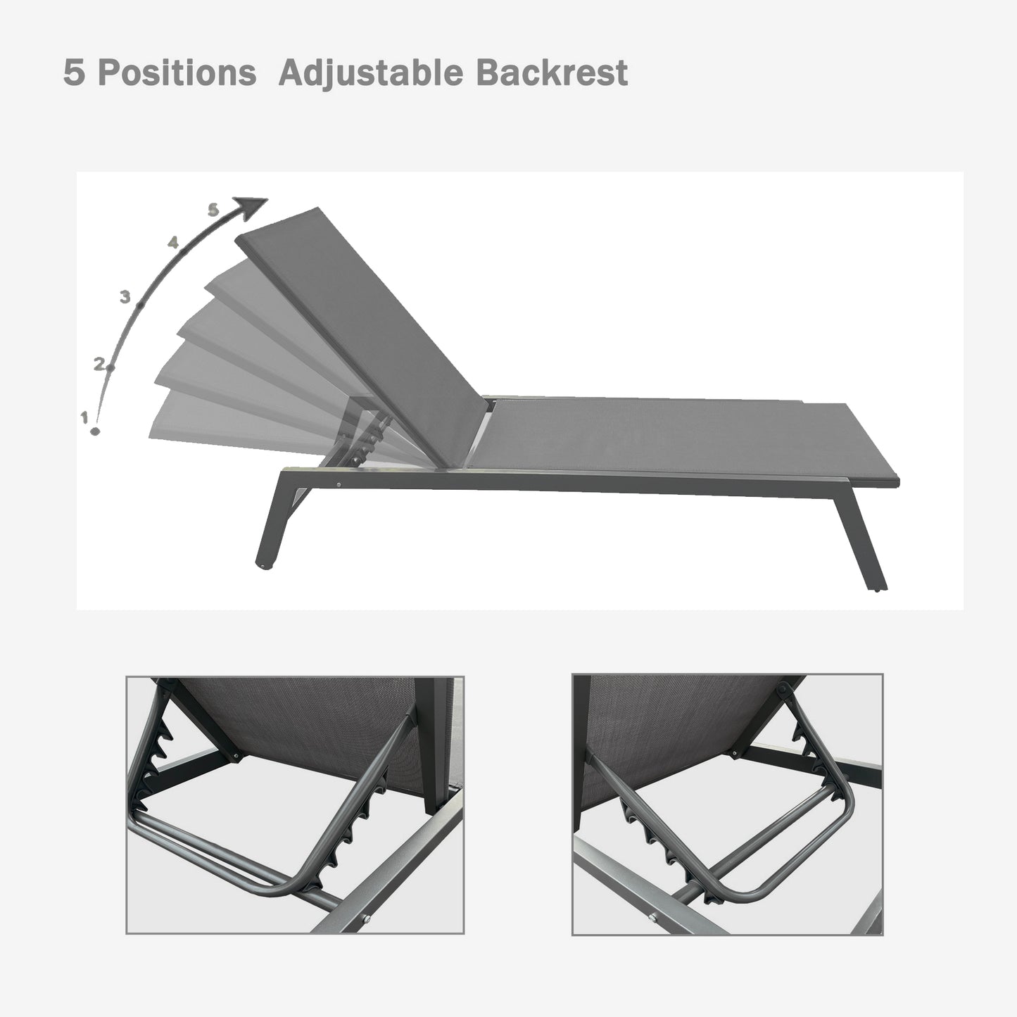 Outdoor Chaise Lounge Chair, Five-Position Adjustable Aluminum Recliner, All Weather for Patio,Beach,Yard, Pool(Grey Frame/Dark Grey Fabric)