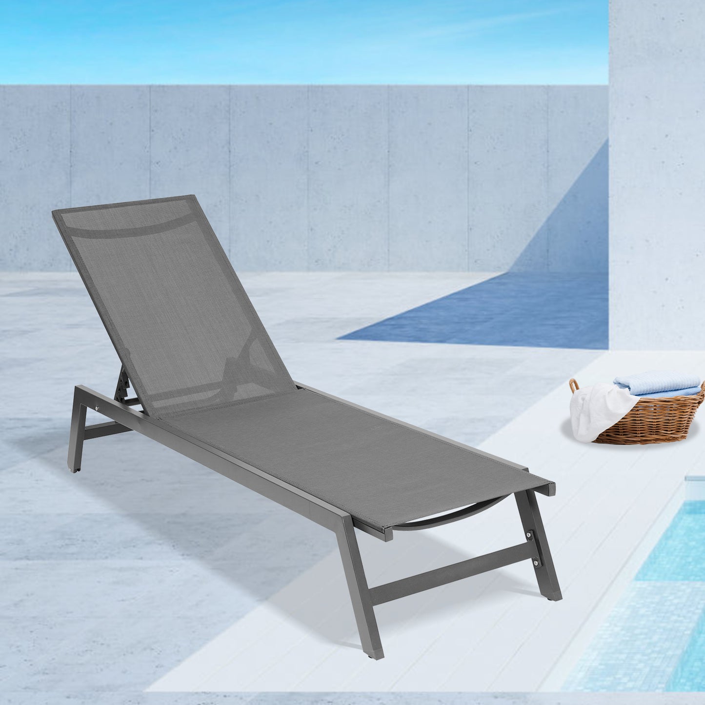 Outdoor Chaise Lounge Chair, Five-Position Adjustable Aluminum Recliner, All Weather for Patio,Beach,Yard, Pool(Grey Frame/Dark Grey Fabric)