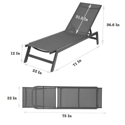 Outdoor Chaise Lounge Chair, Five-Position Adjustable Aluminum Recliner, All Weather for Patio,Beach,Yard, Pool(Grey Frame/Dark Grey Fabric)