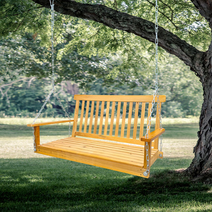 Front Porch Swing with Armrests, Outdoor Wood Bench Swing with Hanging Chains,Easy to Assemble,teak