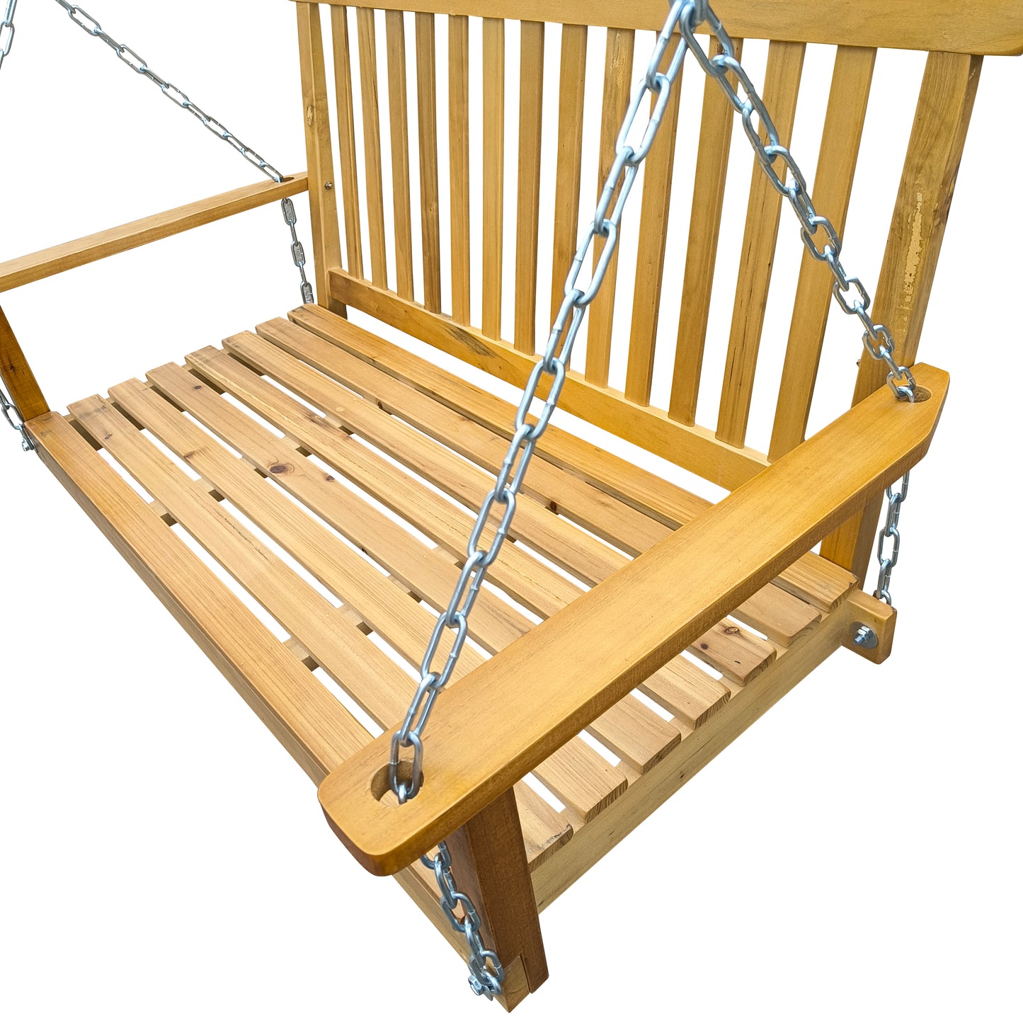 Front Porch Swing with Armrests, Outdoor Wood Bench Swing with Hanging Chains,Easy to Assemble,teak