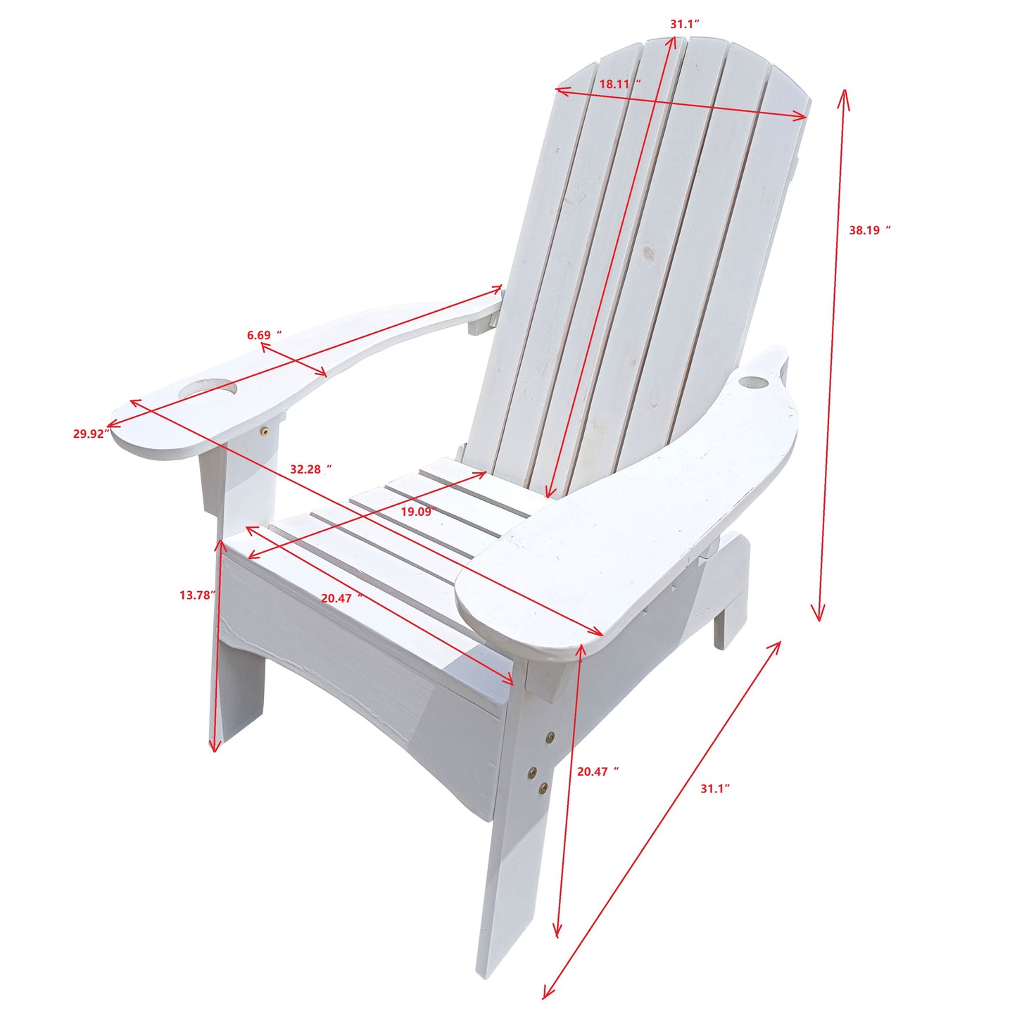 Outdoor or indoor Wood Adirondack chair with an hole to hold umbrella on the arm, white