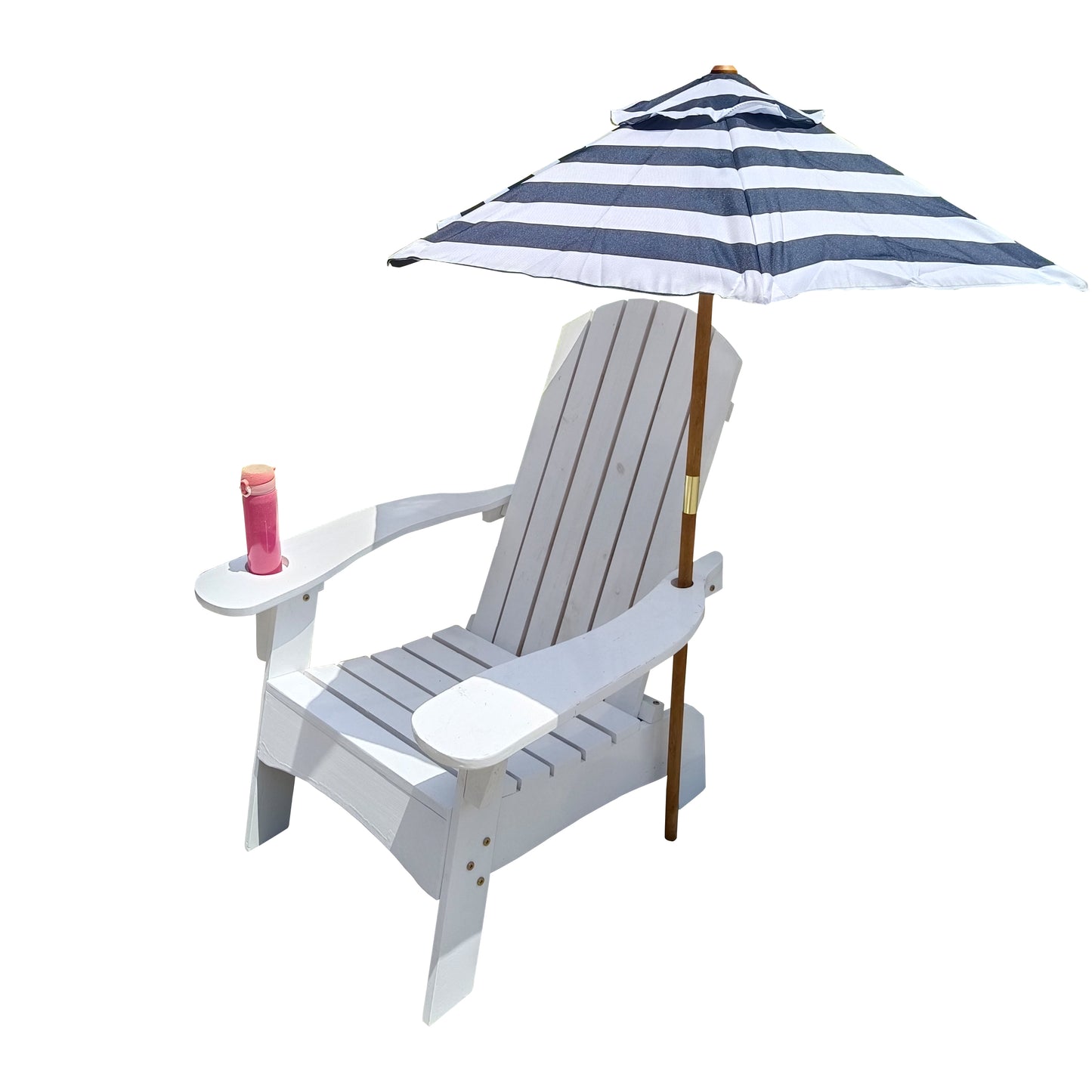 Outdoor or indoor Wood Adirondack chair with an hole to hold umbrella on the arm, white