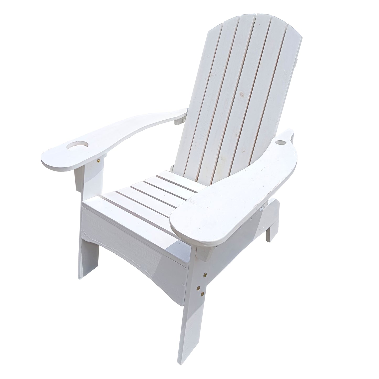 Outdoor or indoor Wood Adirondack chair with an hole to hold umbrella on the arm, white