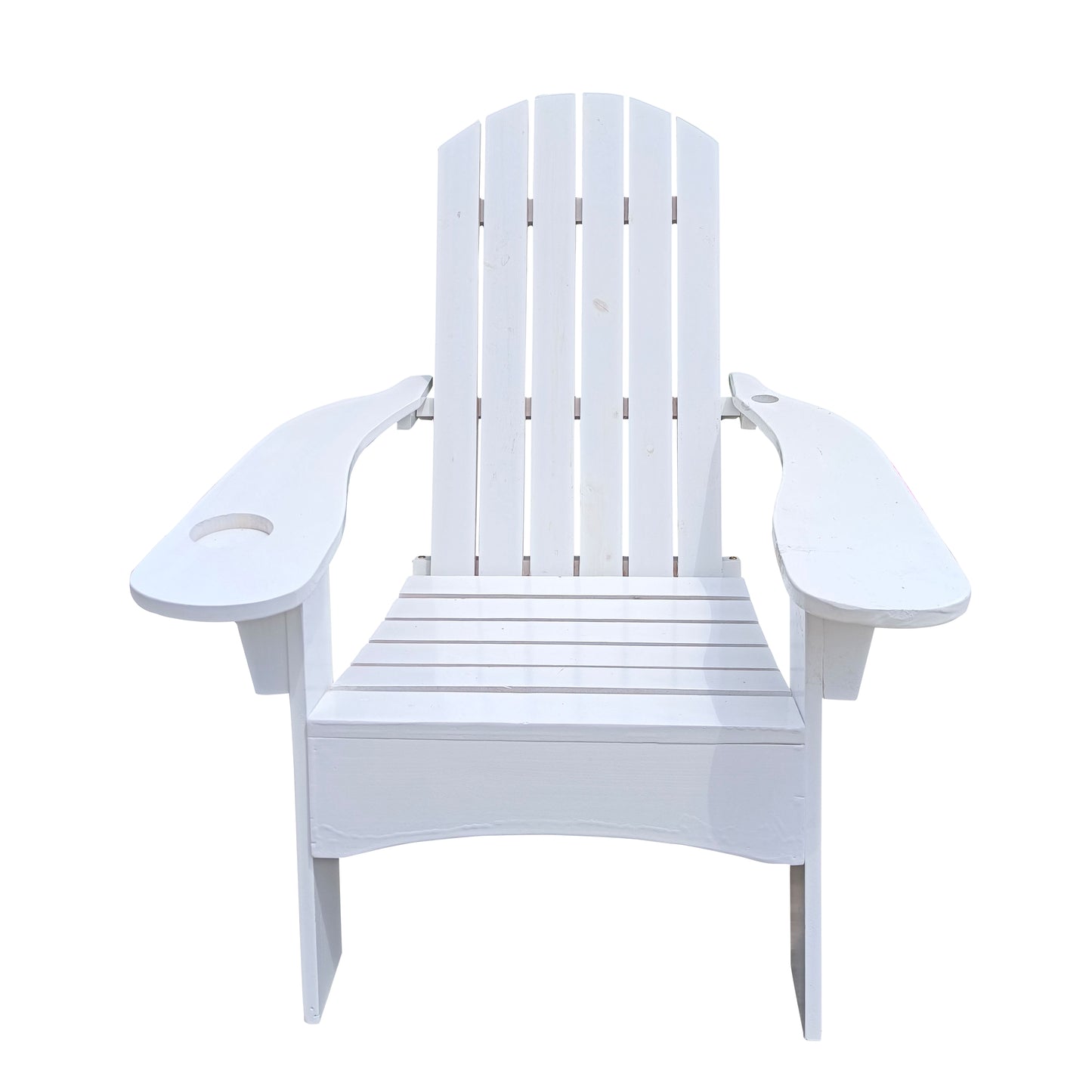 Outdoor or indoor Wood Adirondack chair with an hole to hold umbrella on the arm, white