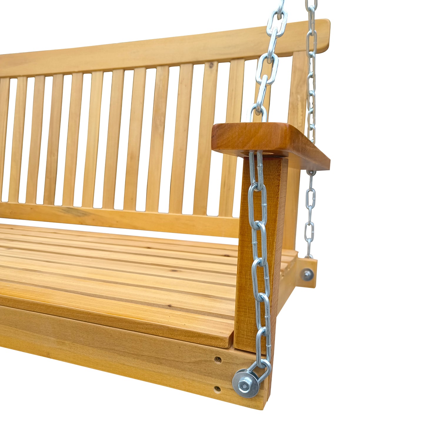 Front Porch Swing with Armrests, Outdoor Wood Bench Swing with Hanging Chains,Easy to Assemble,teak