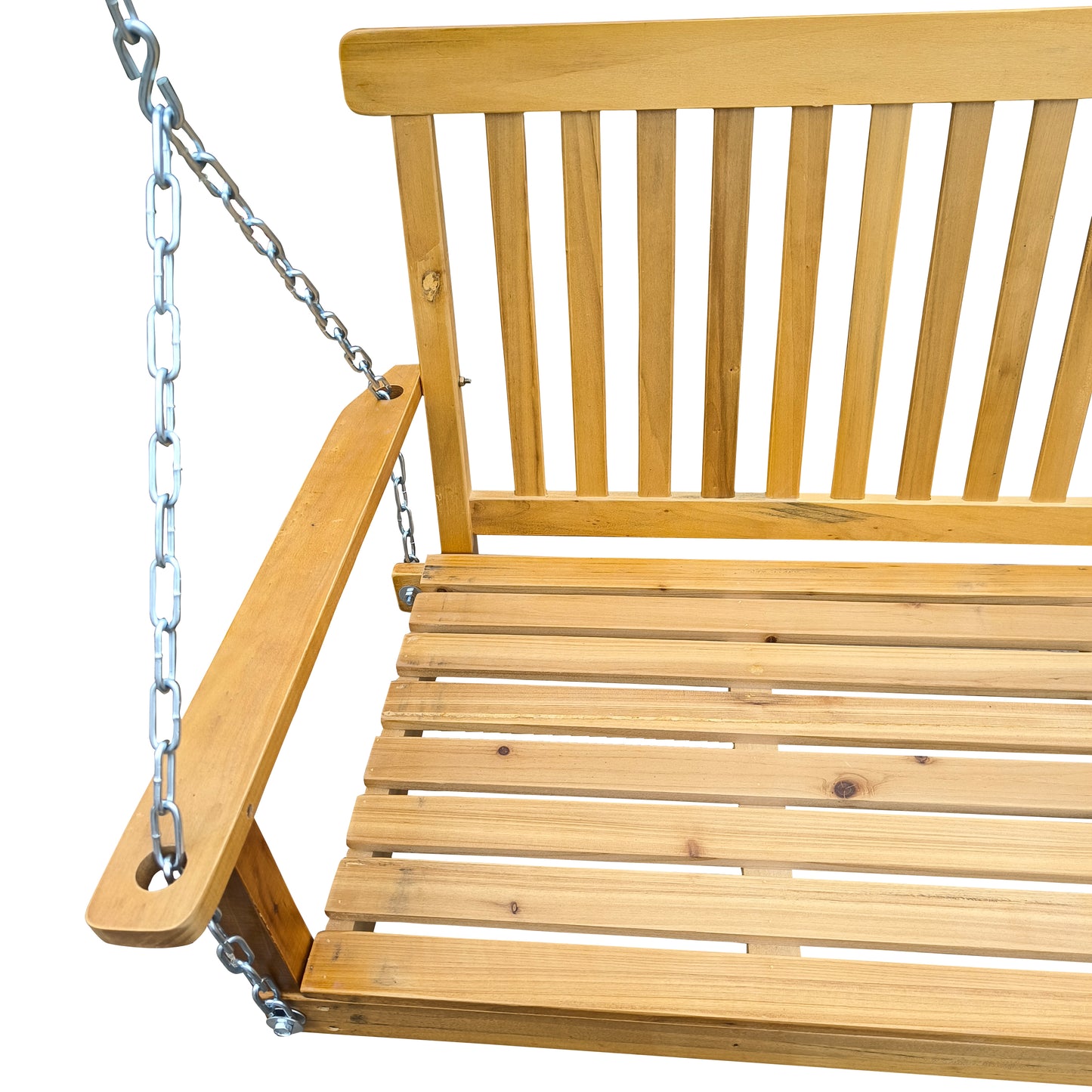 Front Porch Swing with Armrests, Outdoor Wood Bench Swing with Hanging Chains,Easy to Assemble,teak