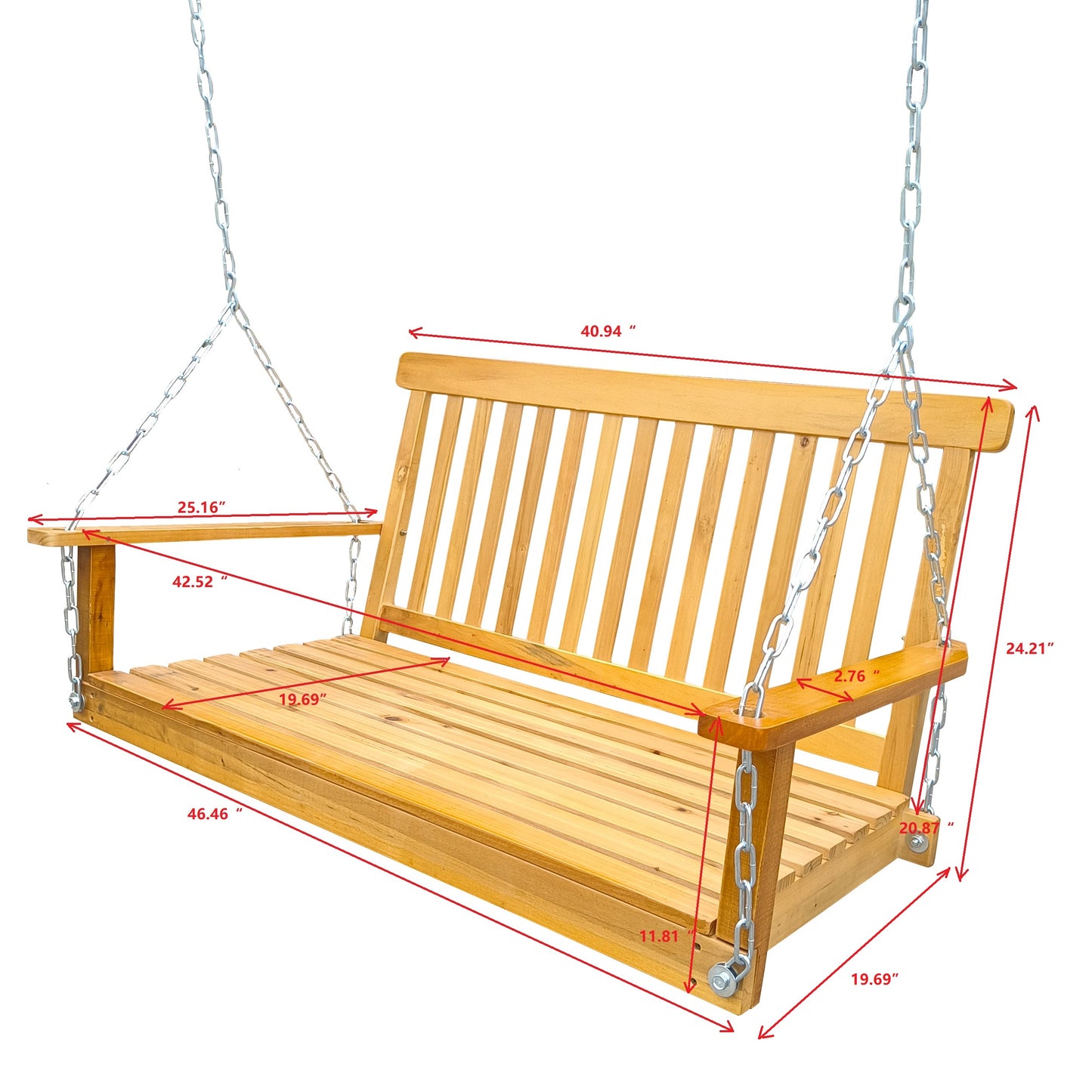 Front Porch Swing with Armrests, Outdoor Wood Bench Swing with Hanging Chains,Easy to Assemble,teak