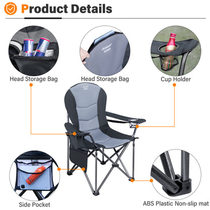 Folding Camping Chair with Carrying Bag, Cup Holder and Storage Pocket, Max 400lbs (Black grey)