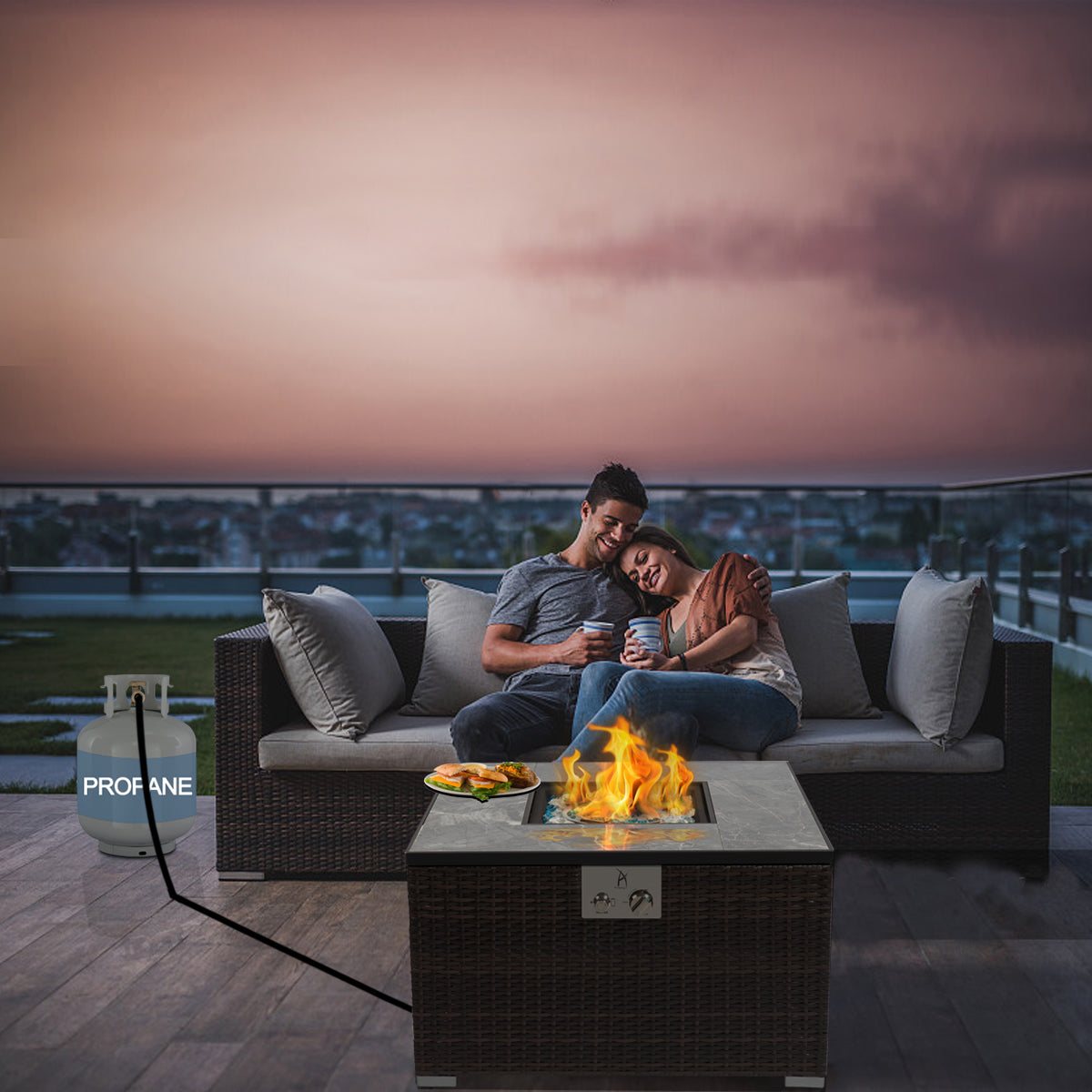 32" Outdoor Wicker Propane/Natural Gas Fire Pit Table Set,Square Gas Fire Pit with Marble Textured Ceramic Tabletop