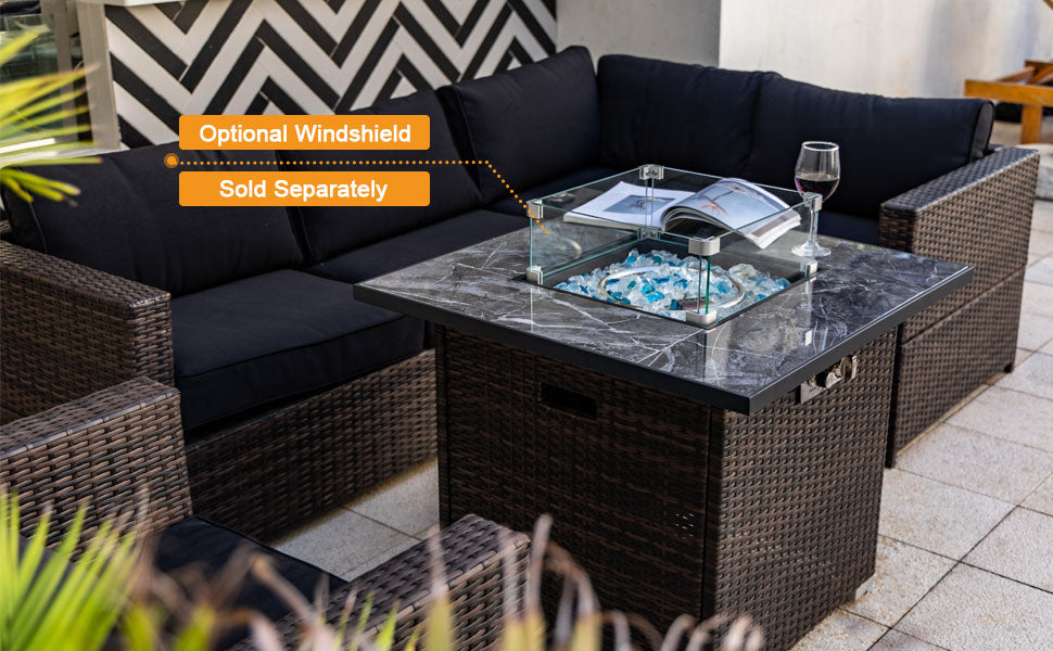 30'' Outdoor Square Wicker Propane or Natural Gas Fire Pit Table, 50,000 BTU Auto-Ignition Gas Fire Pit with Marble Textured Ceramic Tabletop