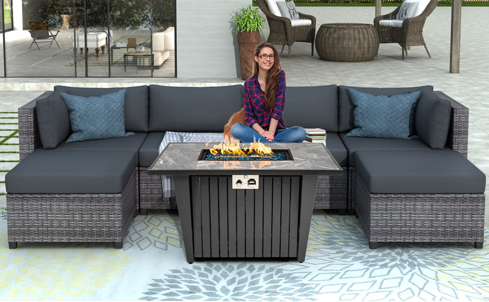 42'' Propane Fire Pit Table, Marble Tile Ceramic Tabletop with Glass Wind Guard, 50,000, Grey