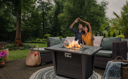 42" Propane Fire Pit Table with Stylish Sloping Legs and Wicker Design - 50,000 BTU Fire Table for Outdoor Gatherings