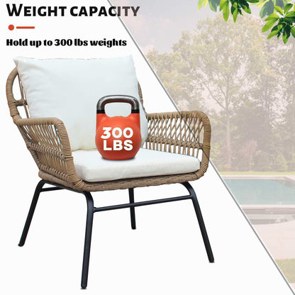 Outdoor Patio Balcony Natural Color Wicker Chair Set with Beige Cushion and Round Tempered Glass Table