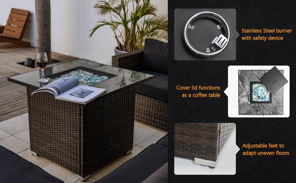 30'' Outdoor Square Wicker Propane or Natural Gas Fire Pit Table, 50,000 BTU Auto-Ignition Gas Fire Pit with Marble Textured Ceramic Tabletop