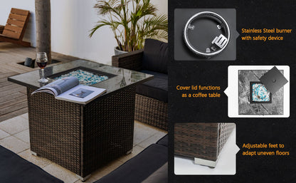 30'' Outdoor Square Wicker Propane or Natural Gas Fire Pit Table, 50,000 BTU Auto-Ignition Gas Fire Pit with Marble Textured Ceramic Tabletop