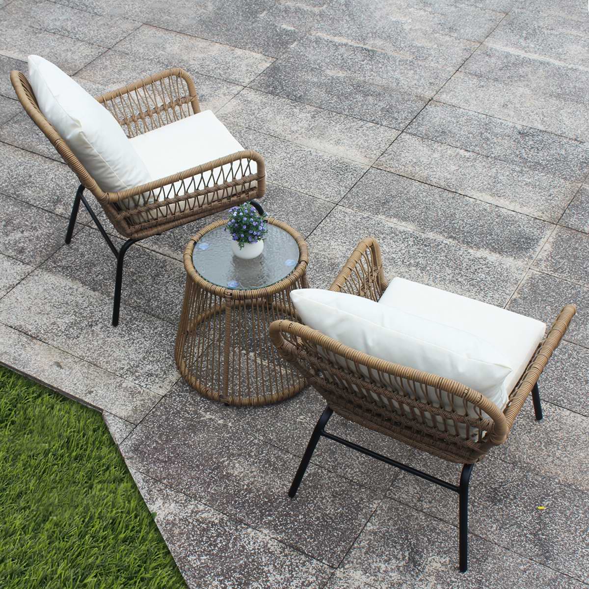 Outdoor Patio Balcony Natural Color Wicker Chair Set with Beige Cushion and Round Tempered Glass Table