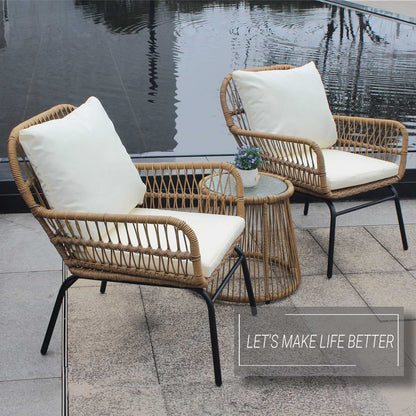 Outdoor Patio Balcony Natural Color Wicker Chair Set with Beige Cushion and Round Tempered Glass Table