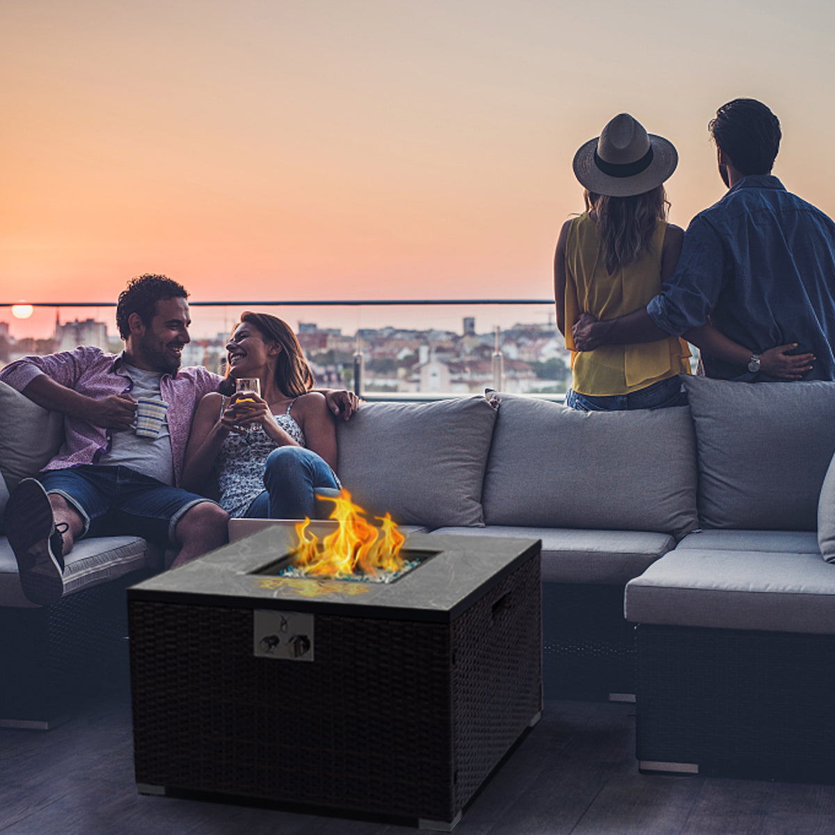 32" Outdoor Wicker Propane/Natural Gas Fire Pit Table Set,Square Gas Fire Pit with Marble Textured Ceramic Tabletop