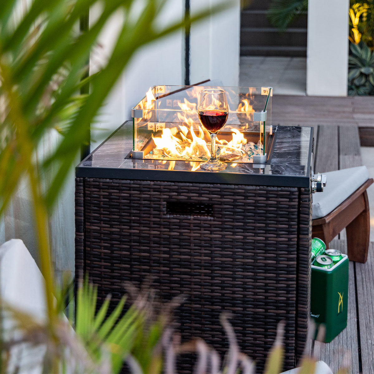 23.6" Square Outdoor Wicker Propane/Natural Gas Fire Pit Table, 40,000 BTU