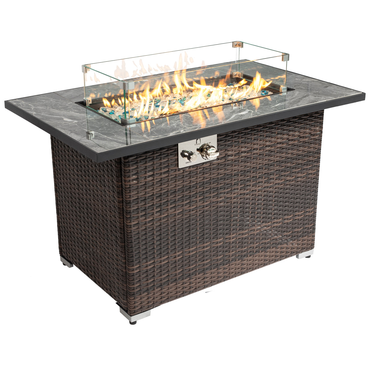 Outdoor Patio Wicker Furniture Rectangular Tile Top Fire Pit Table With Wind Guard-AJ Enjoy Fire Pit