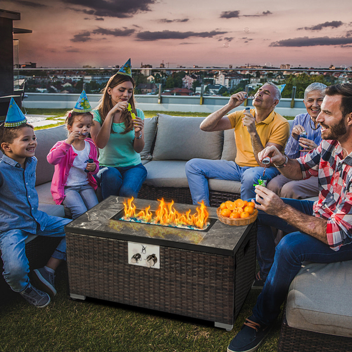 32'' Propane Fire Pit Table, Marble Textured Ceramic Tabletop, 50,000 BTU Fire Table with Brown Wicker, Mix Color Glass Bead, Including Lid&Cover, Rectangle