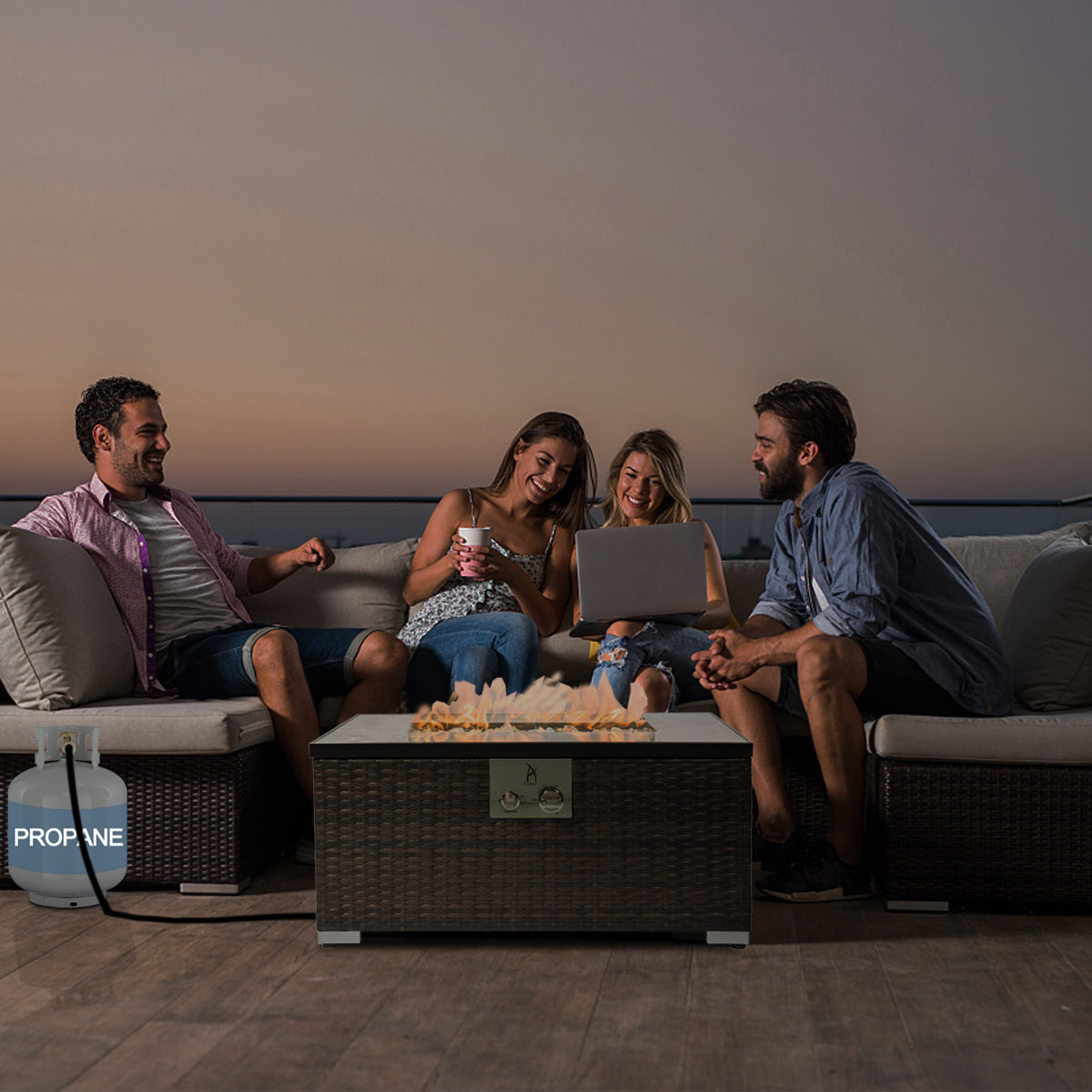 32'' Propane Fire Pit Table, Marble Textured Ceramic Tabletop, 50,000 BTU Fire Table with Brown Wicker, Mix Color Glass Bead, Including Lid&Cover, Rectangle