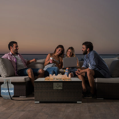 32'' Propane Fire Pit Table, Marble Textured Ceramic Tabletop, 50,000 BTU Fire Table with Brown Wicker, Mix Color Glass Bead, Including Lid&Cover, Rectangle