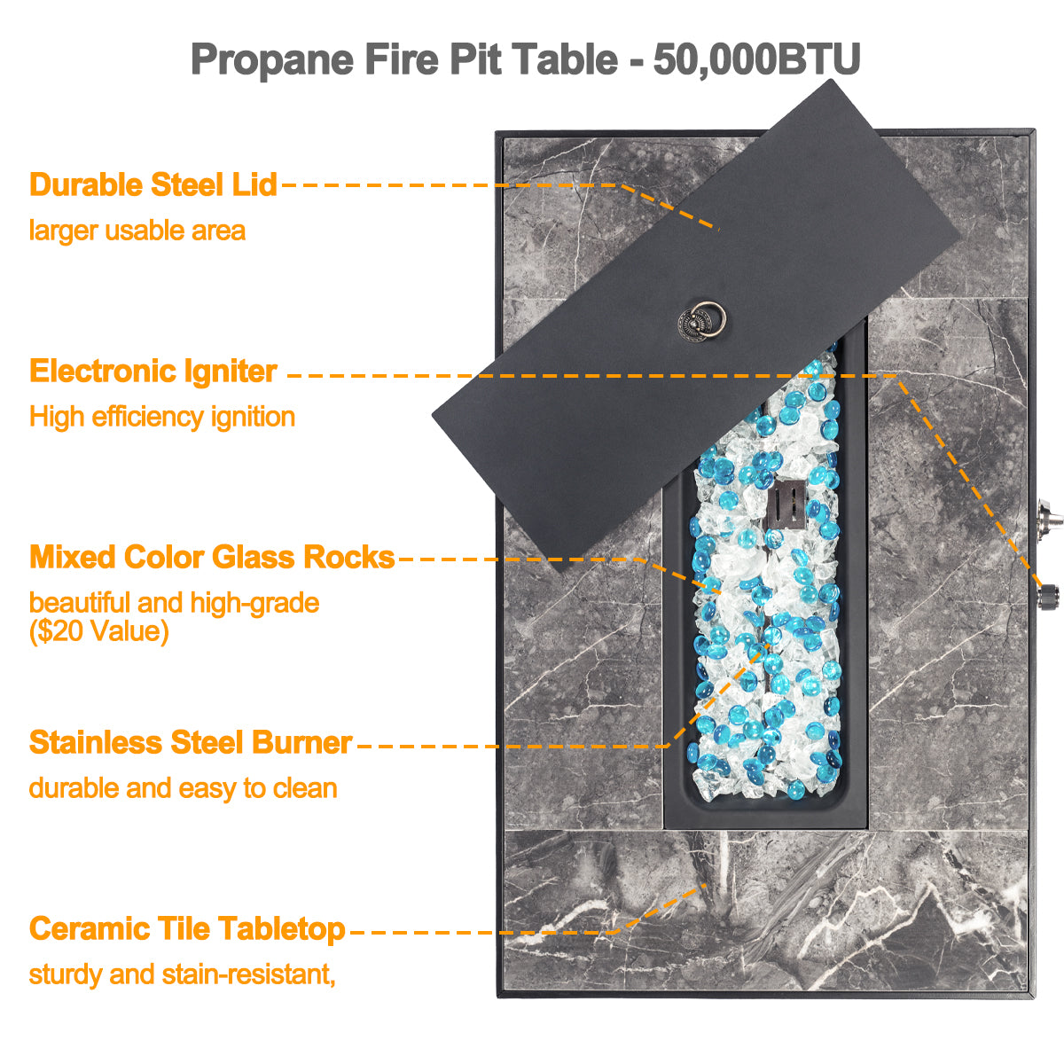 32'' Propane Fire Pit Table, Marble Textured Ceramic Tabletop, 50,000 BTU Fire Table with Brown Wicker, Mix Color Glass Bead, Including Lid&Cover, Rectangle