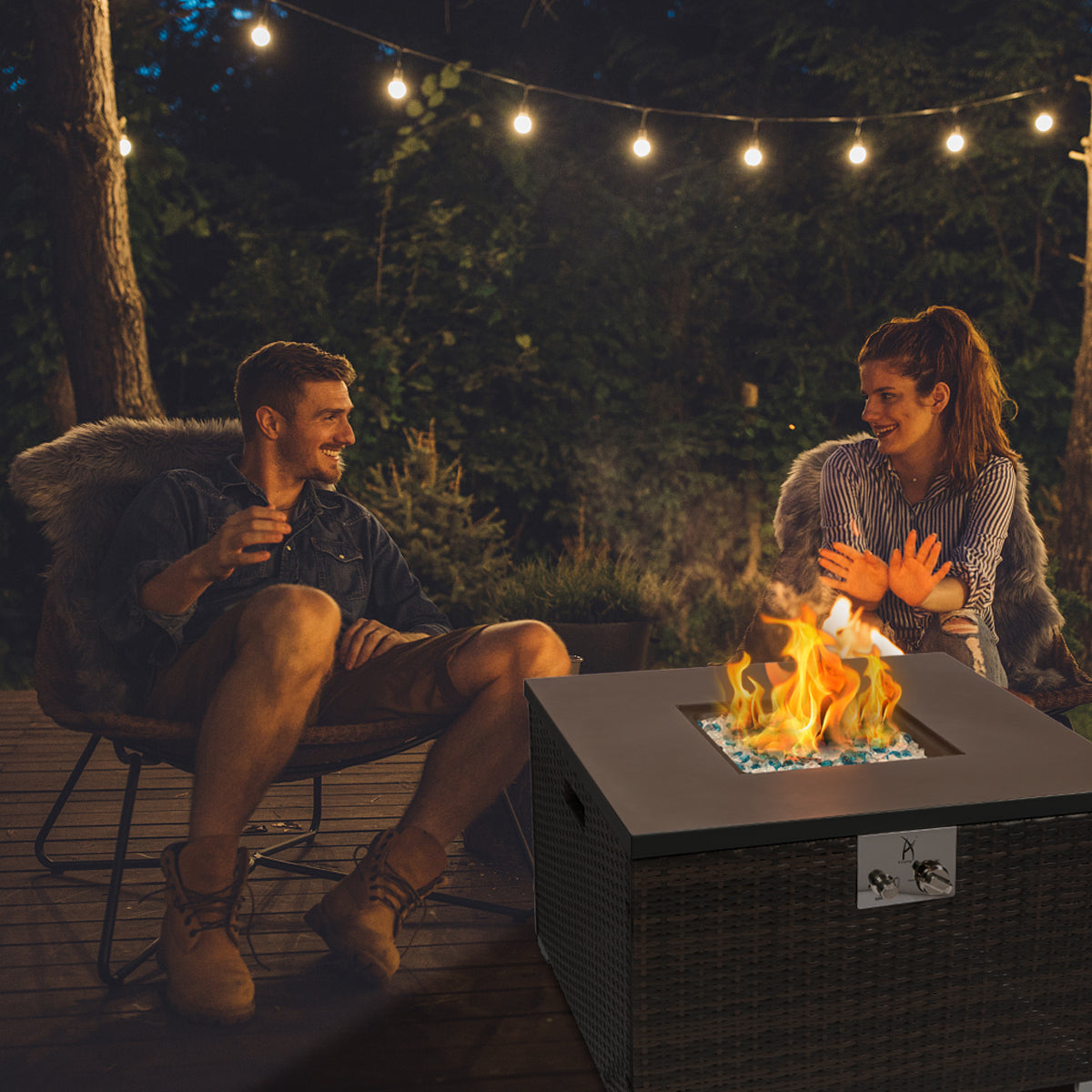 32" Outdoor Wicker Propane/Natural Gas Fire Pit Table,Square Gas Firepit with Painted Steel Tabletop