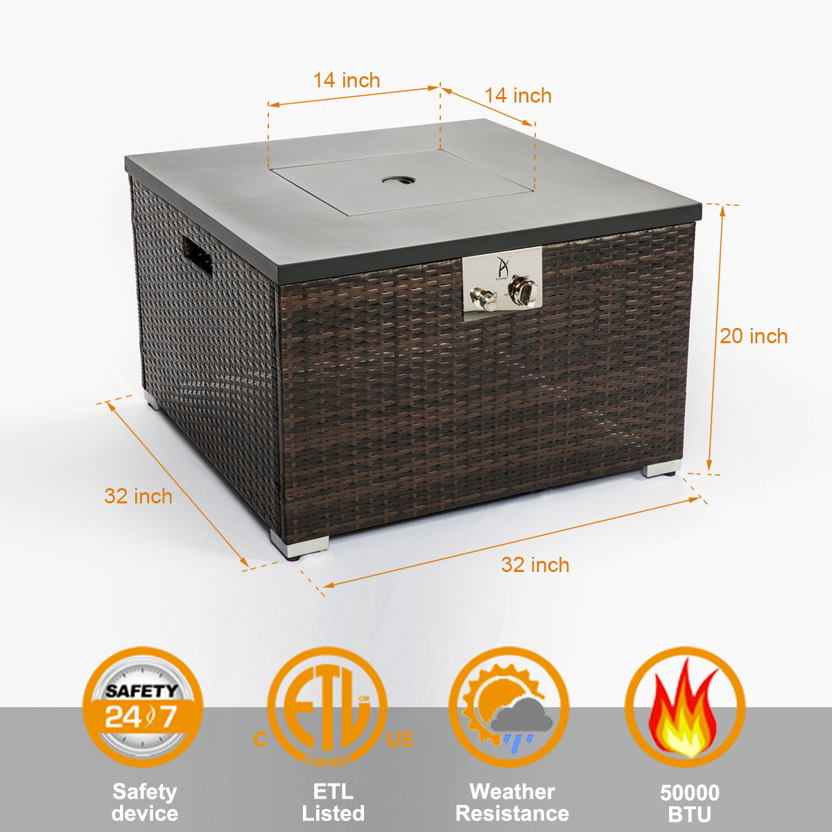 32" Outdoor Wicker Propane/Natural Gas Fire Pit Table,Square Gas Firepit with Painted Steel Tabletop