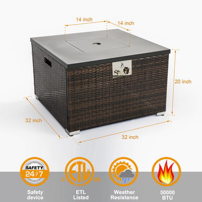 32" Outdoor Wicker Propane/Natural Gas Fire Pit Table,Square Gas Firepit with Painted Steel Tabletop