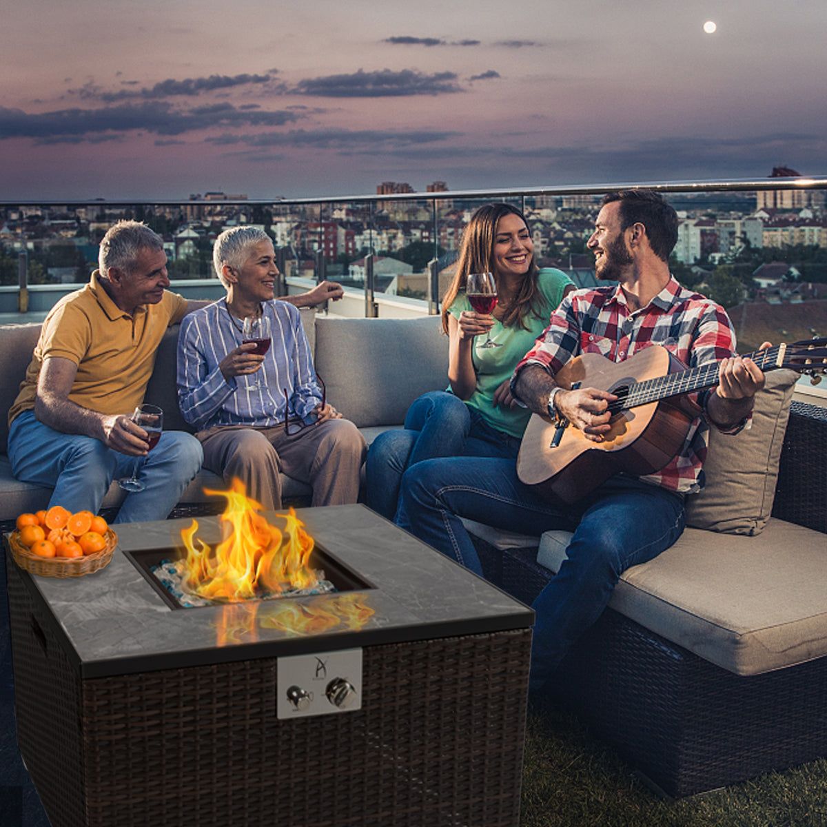 32" Outdoor Wicker Propane/Natural Gas Fire Pit Table Set,Square Gas Fire Pit with Marble Textured Ceramic Tabletop