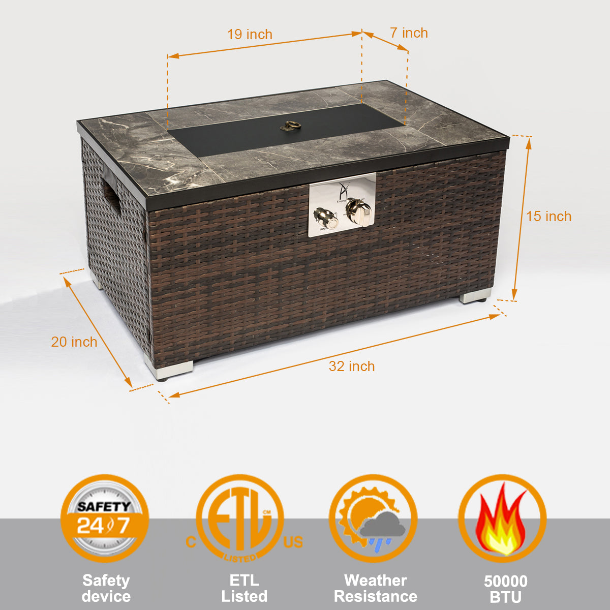 32'' Propane Fire Pit Table, Marble Textured Ceramic Tabletop, 50,000 BTU Fire Table with Brown Wicker, Mix Color Glass Bead, Including Lid&Cover, Rectangle