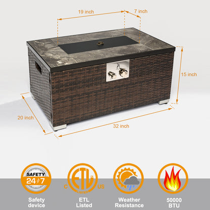 32'' Propane Fire Pit Table, Marble Textured Ceramic Tabletop, 50,000 BTU Fire Table with Brown Wicker, Mix Color Glass Bead, Including Lid&Cover, Rectangle