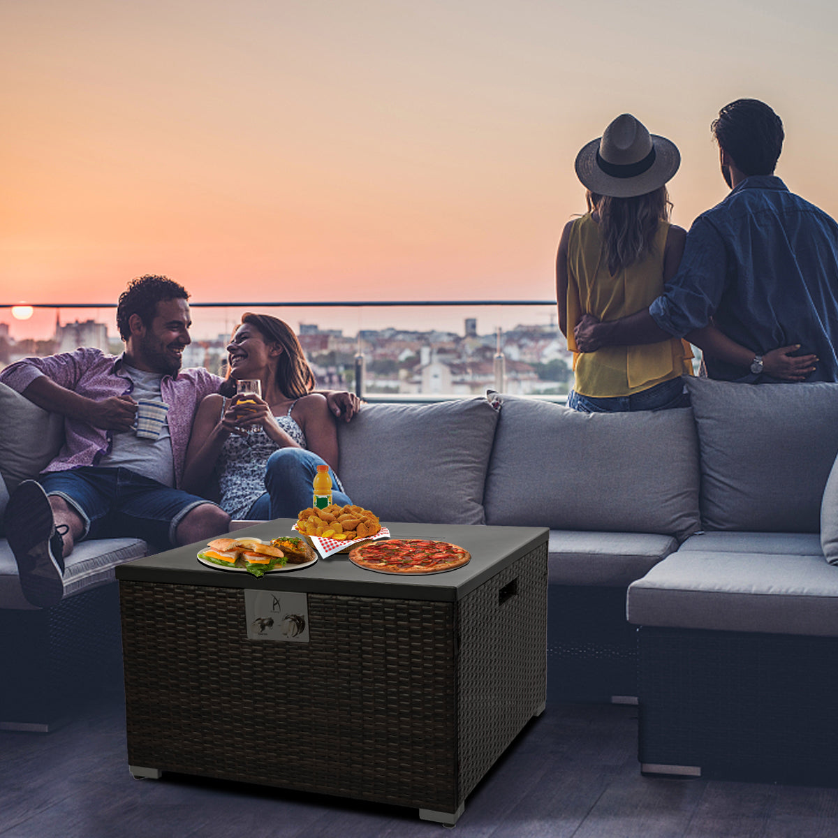 32" Outdoor Wicker Propane/Natural Gas Fire Pit Table,Square Gas Firepit with Painted Steel Tabletop