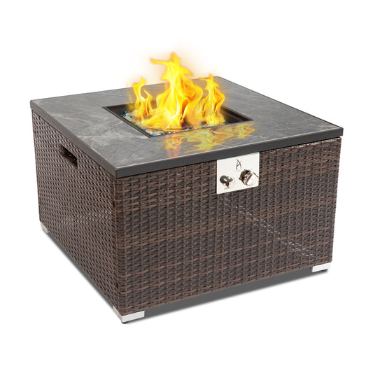 32" Outdoor Wicker Propane/Natural Gas Fire Pit Table,Square Gas Fire Pit with Marble Textured Ceramic Tabletop